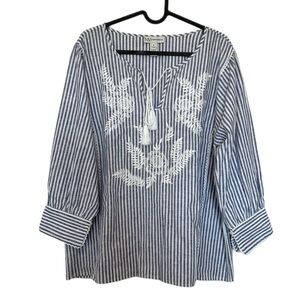 Neiman Marcus Linen Blend Striped Embroidered Tassel Tie Top Medium Resortwear